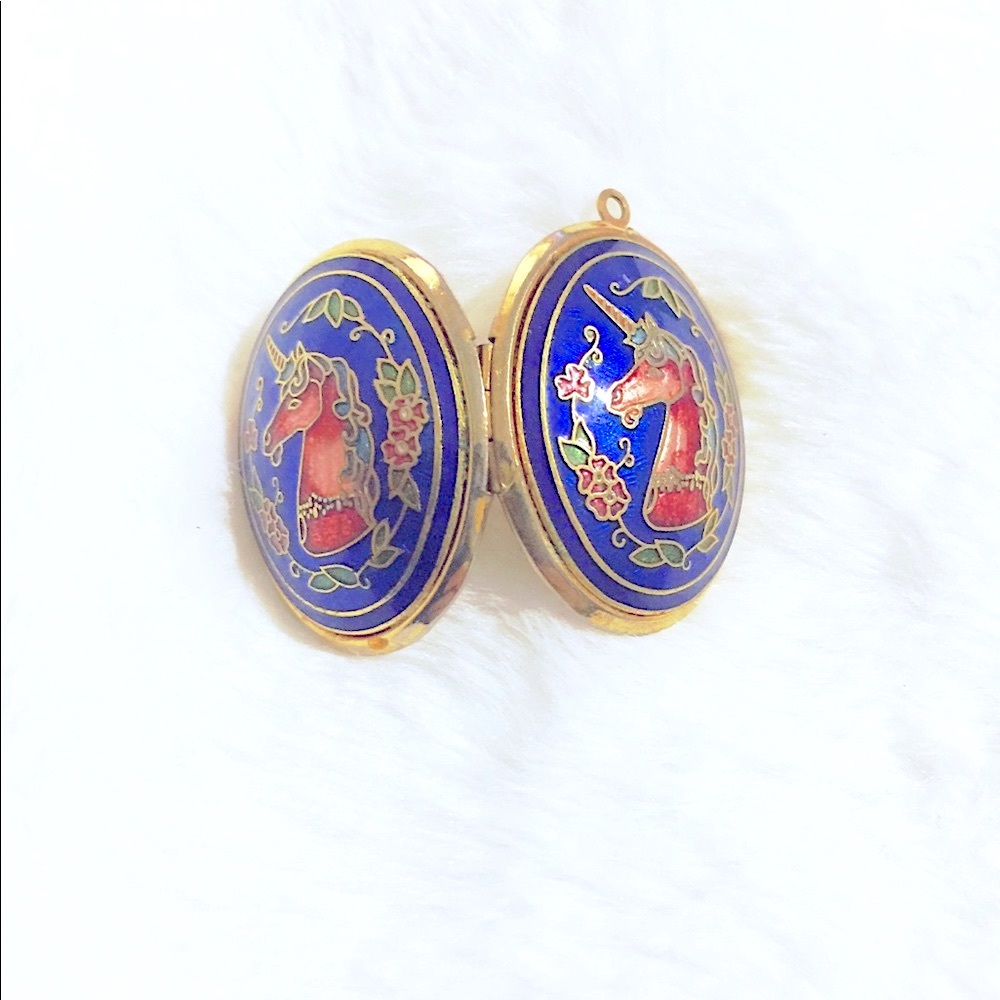 HP✨RARE Antique1970’s Cloisonné Jewelry Set, Mystical Unicorn Locket+Earring Set - Picture 6 of 17